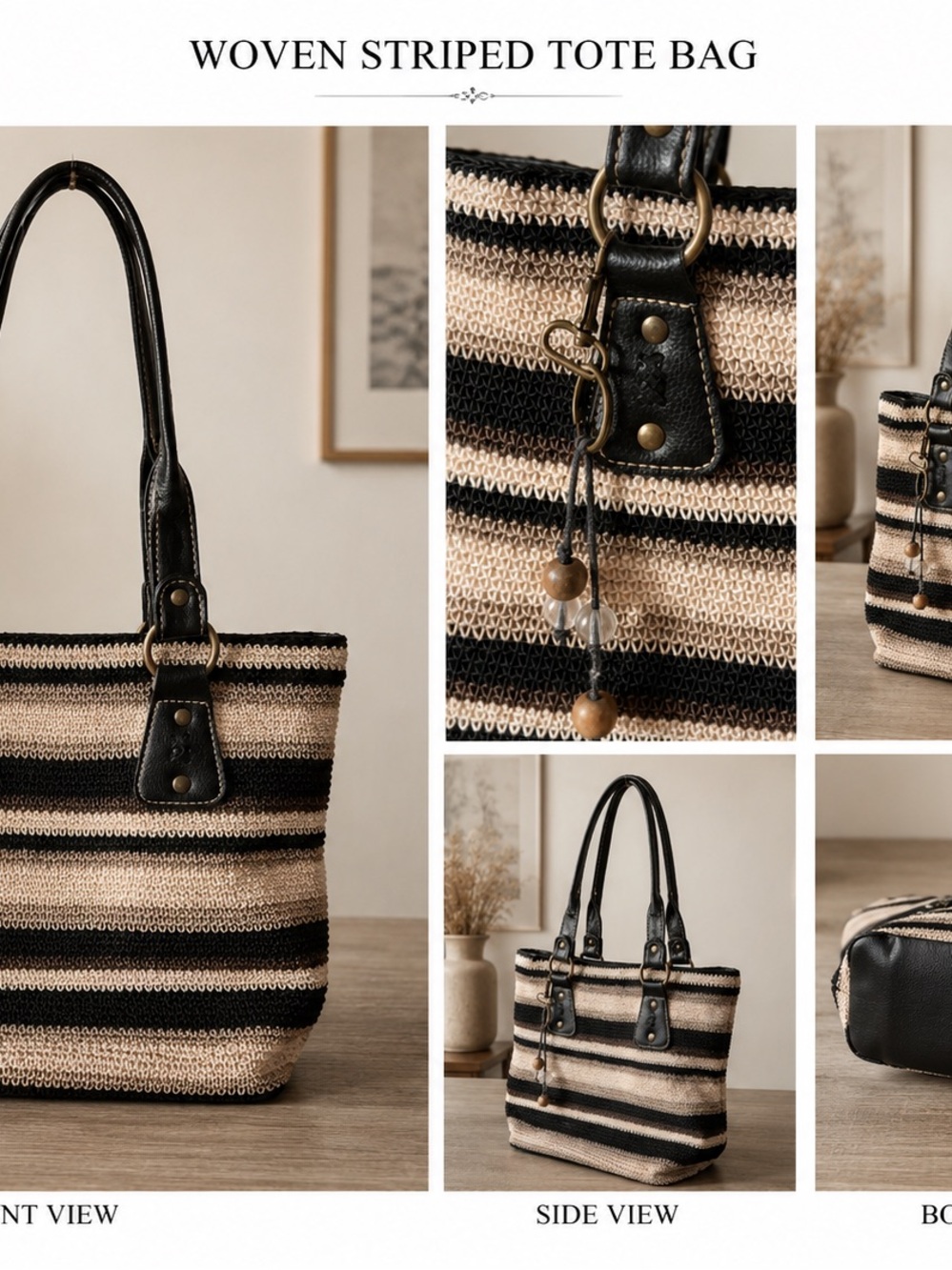 Striped Woven Tote Bag - Black & Cream